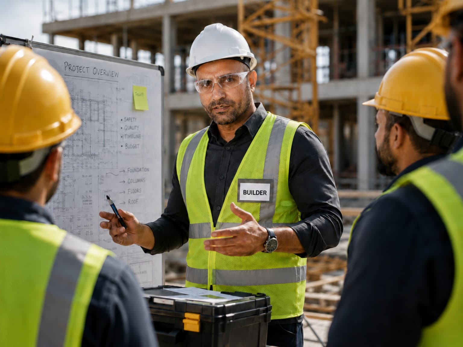 Javed Iqbal with colleagues on a building site