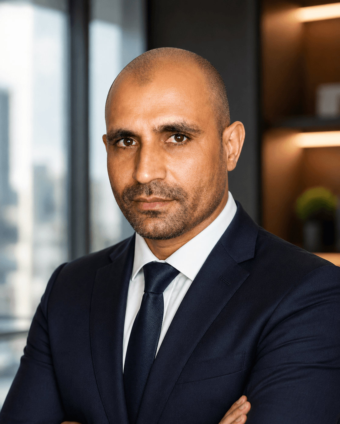 Portrait of Javed Iqbal, Chief Executive Officer of JUFAJA Constructions, in a navy suit and tie