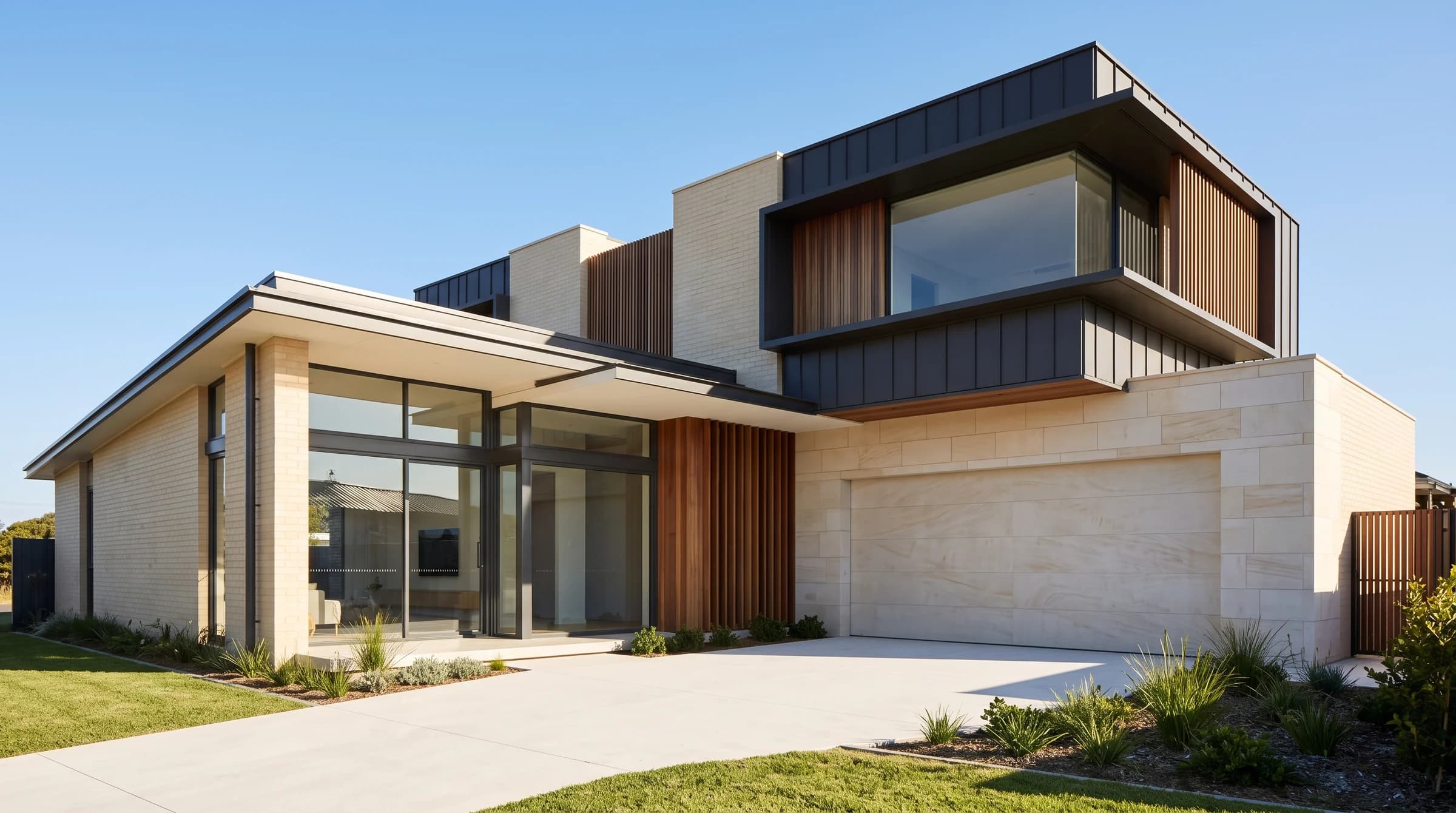Illustrative daylight view of a contemporary stone and timber family home with a clear driveway